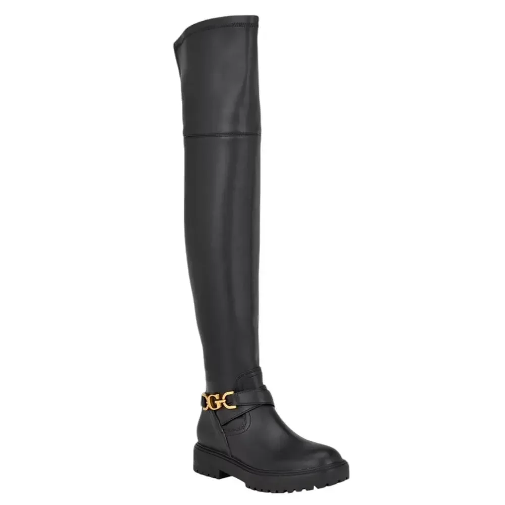 Guess Womens Jellio Over The Knee Lug Sole Ornament Strap Boots Black Size 7 1/2
